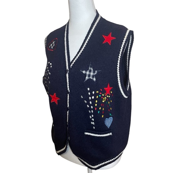 Vintage Robin Sinkler Fireworks Stars Knit Embroidered Vest Medium Patriotic - Picture 2 of 9